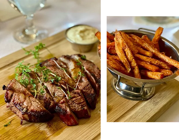Steak s batátovými hranolčekmi v reštaurácii CORVIN
